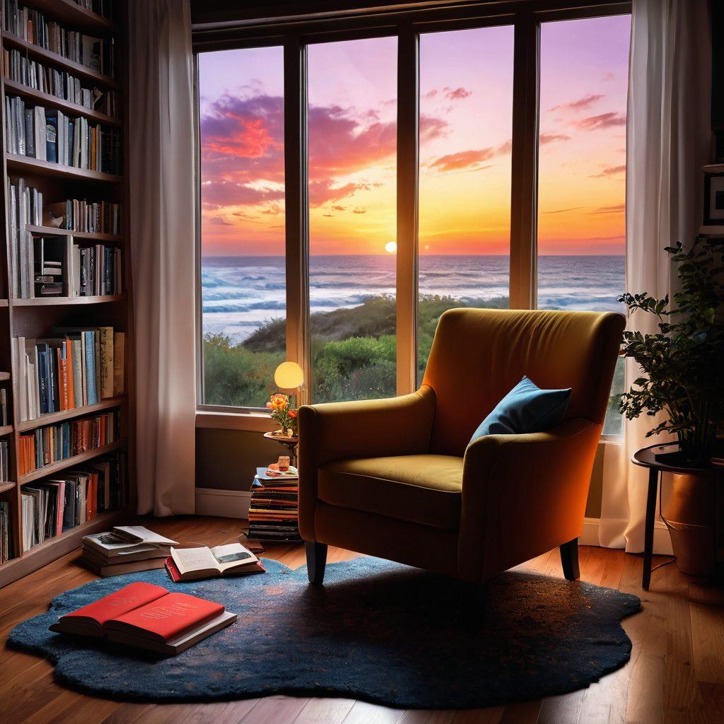 A cozy reading nook with an armchair overflowing with colorful novels, each representing different love narratives. In the background, a window offers a glimpse of a sunset symbolizing the transformation of affection to obsession. Soft, warm lighting casts gentle shadows creating an inviting atmosphere, while floating hearts made of words surround the scene. An open book lies on the floor with its pages fluttering as if caught by a breeze. vibrant colors. super-realistic.