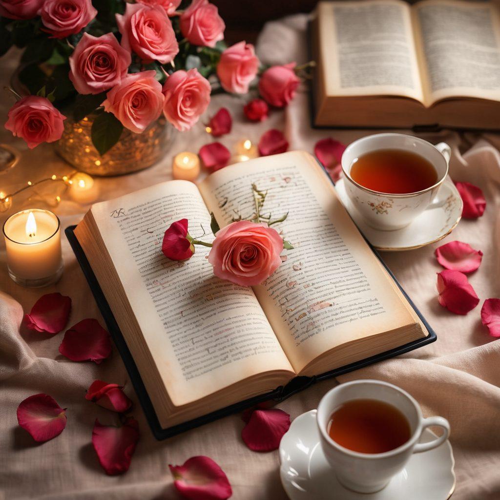 A beautifully arranged flat lay with an open book displaying romantic excerpts, surrounded by delicate rose petals and vintage love letters. Soft candlelight casts a warm glow over the scene, with a steaming cup of tea beside the book. In the background, gentle bokeh effects create a dreamy atmosphere, inviting readers into the world of romance novels. super-realistic. warm tones. elegant composition.