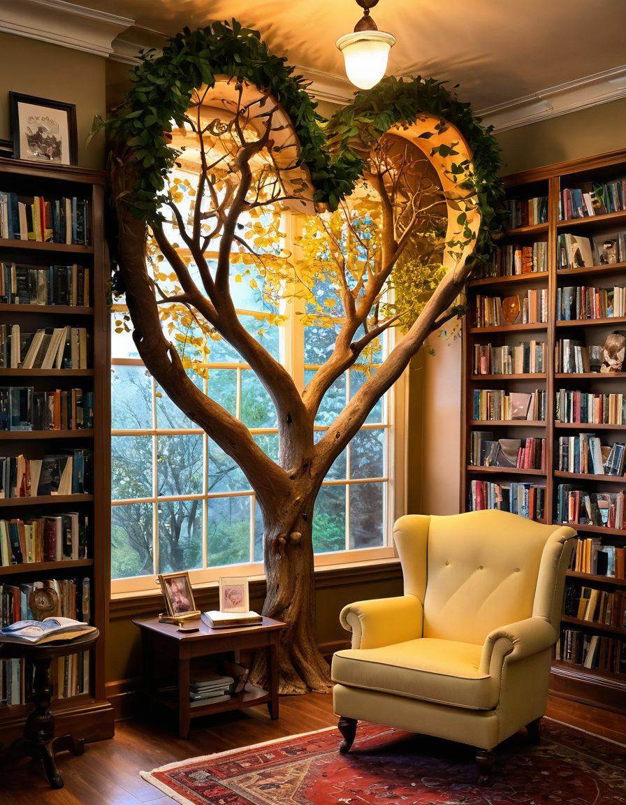 A whimsical bookshop filled with colorful romance novels, where an open book floats above a cozy armchair. Soft golden light bathes the room, highlighting a pair of entwined hands forming a heart shape, symbolizing love in literature. In the background, a bookshelf shaped like a tree, with leaves made of pages, represents a journey through stories. The atmosphere feels warm and inviting, enticing readers to dive into the romance. super-realistic. vibrant colors. cozy ambiance.